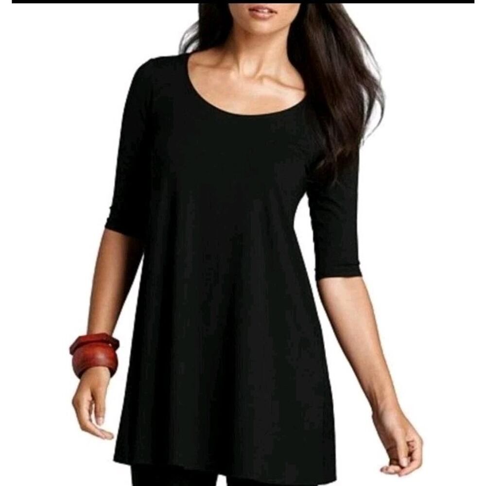 Eileen Fisher Black 3/4 Sleeve Scoop Neck Tunic Top Sz Petite Medium Office Wear
